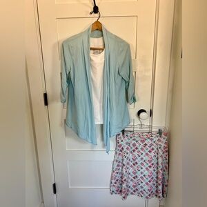 Soybu Skirt, White Top and Light Blue Cardigan Jacket